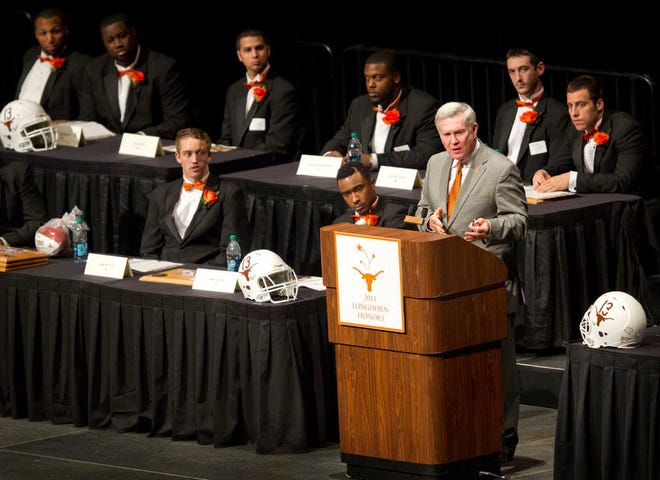 Texas head coach Mack Brown speaks at the University of Texas Longhorns Honors banquet at the Frank Erwin Center in Austin on Friday Dec.13, 2013. (AP Photo/Austin American-Statesman, Jay Janner)