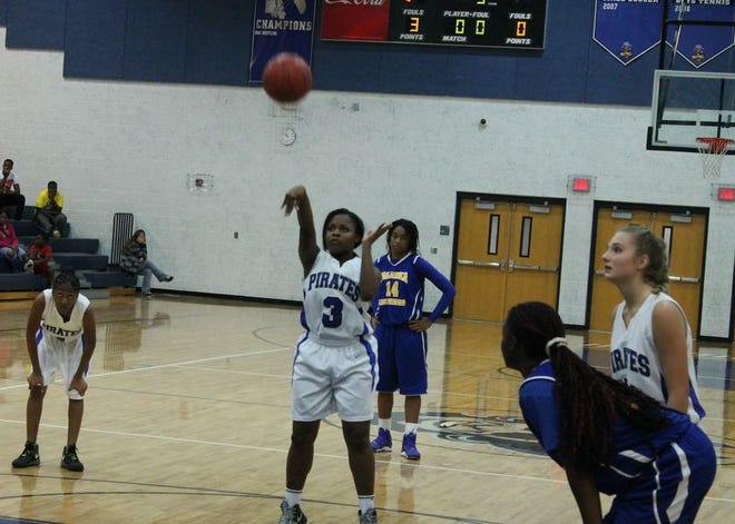 Matanzas’ Sam Brown makes a free throw in a game against Palatka that the Lady Pirates lost 71-31.