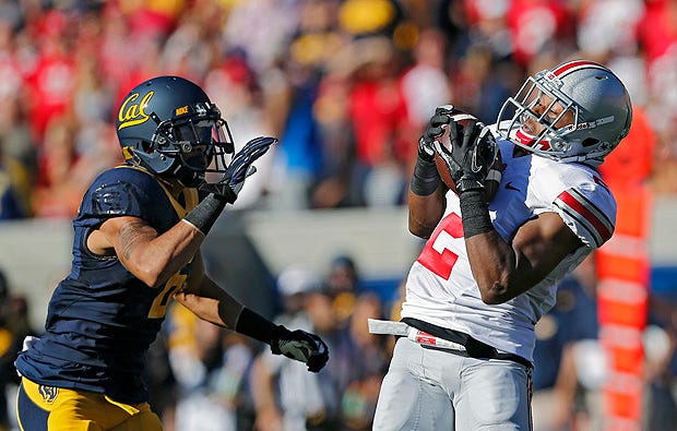Ohio State safety Christian Bryant intercepts a pass intended for Cal's Chris Harper.