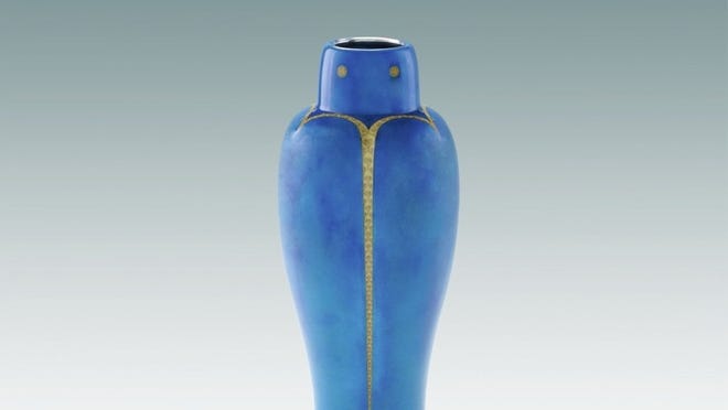 Azure blue vase in jewel beetle form by Ando Cloisonne Company, 1936-1940, features blue enamel, silver on metal. Credit: Courtesy of The Levenson Collection