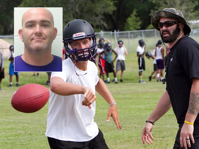 In this Aug. 9, 2012 file photo, then-quarterback coach Tim Hicks, on the right and inset, works with Lake Weir quarterback Cutler Blackburn. Hicks has been named head football coach of the Hurricanes.