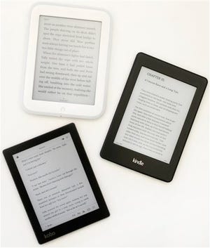 This Thursday, Dec. 19, 2013 photo shows a Nook GlowLight, top, a Kindle Paperwhite, right, and a Kobo Aura, in New York. E-readers are cheaper than full-fledged tablets.
