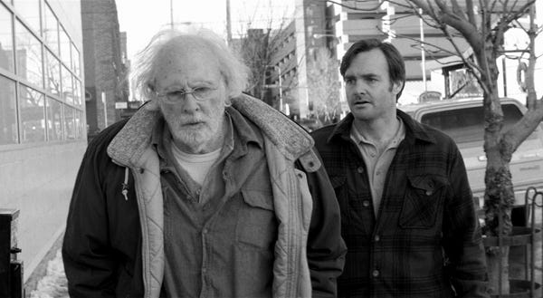 This image released by Paramount Pictures shows Bruce Dern as Woody Grant, left, and Will Forte as David Grant in a scene from the film "Nebraska," about a booze-addled father who makes to Nebraska with his estranged son in order to claim a million dollar Mega Sweepstakes Marketing prize.