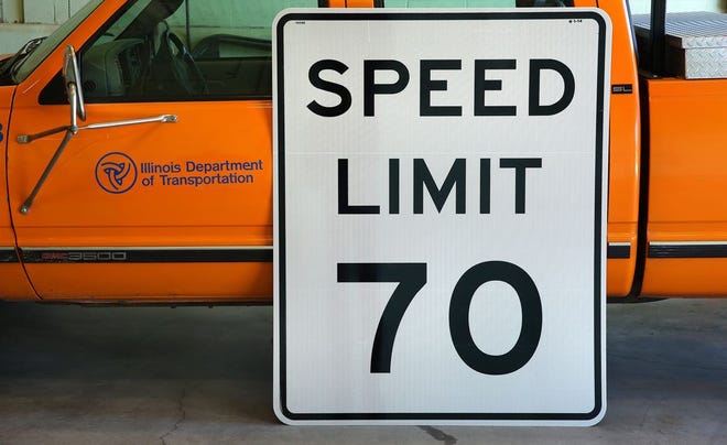 A new 70 mph speed limit sign is displayed at the Illinois Department of Transportation sign shop in Springfield on Nov. 27, 2013. The new speed limit will go into effect in Illinois on Jan. 1, 2014.