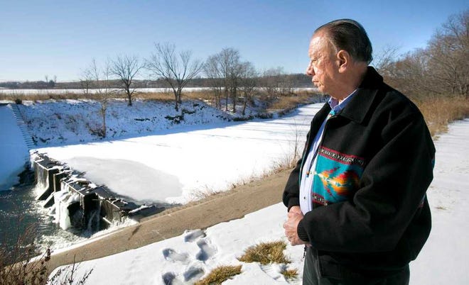 Kickapoo tribal chairman Steve Cadue looks at the dam on the Delaware river that currently provides water for tribal residents. In the midst of a severe drought in 2005, the Delaware river ran dry and the tribe had to truck water in from the Missouri river. A decision rendered by Judge Carlos Murguia on Dec. 20 in the U.S. District Court for the District of Kansas in Kansas City further jeopardizes a reservoir project that leaders of the northeast Kansas tribe say is critical to their people's water security.