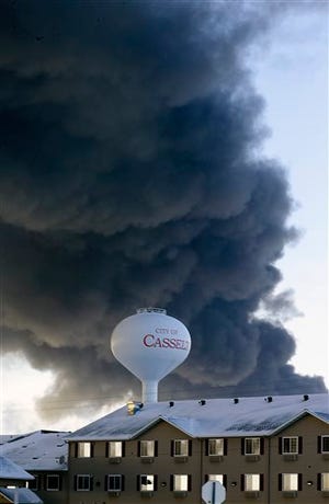 A fireball goes up at the site of an oil train derailment Monday in Casselton, N.D. The train carrying crude oil derailed near Casselton Monday afternoon. Several explosions were reported as some cars on the mile-long train caught fire.