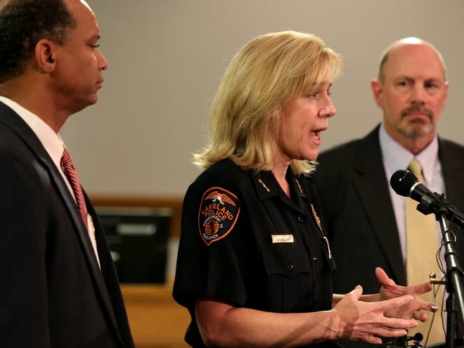 Lakeland Police Chief Lisa Womack, Mayor Gow Fields, left, and City Manager Doug Thomas, right, rebuked a Polk County grand jury presentment Dec. 13, the day it was released. The report said the Lakeland Police Department withheld public records. It criticized Womack broadly.