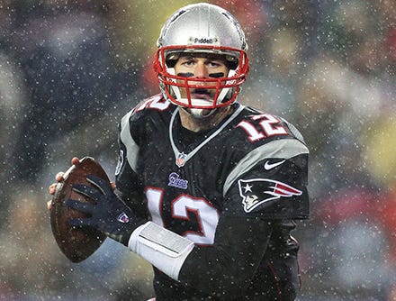 FOXBORO, MA--Sunday, December 29, 2013--Buffalo Bills at New England Patriots. PICTURED IS: Tom Brady finds Julian Edelman to score on a two point conversion in the 4th quarter. The Providence Journal/Glenn Osmundson