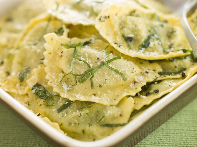Bon Appetit magazine has named Cloumage, a fresh lactic curd made at Shy Brothers Farm in Westport, Mass. - used here in a creamy hazelnut sauce atop ravioli - "one of today's coolest cheeses."