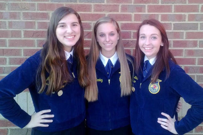 Special/ Three members of the Madison County High School FFA advanced to the state competition in agriculture marketing. The students, from left, Amber Adams, Morgan Dooley and Mary-Kate Bowles, earned the trip by placing second in the area competition in which they used Russ Moon's Farms outside Colbert as their project. They focused on the production of strawberry ice cream and dehydrated strawberries as a way to decrease the loss of fruit and extend the sales season. The state competition takes place in February.