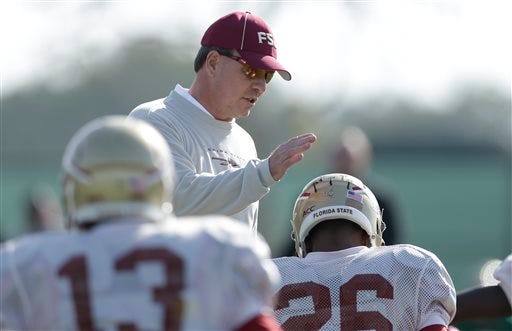 Florida State head coach Jimbo Fisher greets defensive back P.J. Williams, right, during an NCAA college football practice on Friday, Jan. 3, 2014, in Costa Mesa, Calif. Top-ranked Florida State is to face No. 2 Auburn in the BCS championship game on Jan. 6 in Pasadena, Calif.