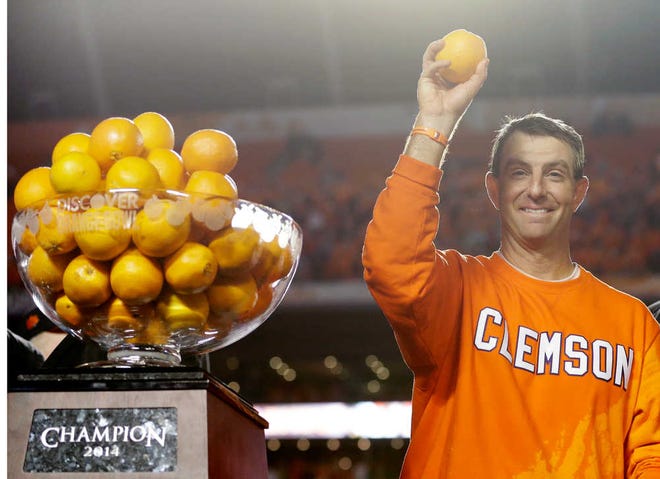 Clemson coach Dabo Swinney threw oranges into the crowd after his Tigers rallied to beat the Buckeyes. Clemson finished with an 11-2 mark.