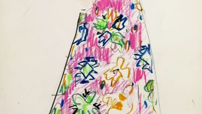 This sketch of a maxi dress — for Elizabeth Taylor Burton, from a box of sketches marked “Karl” — is part of the “Tiziani: Lagerfeld + Liz Auction.”