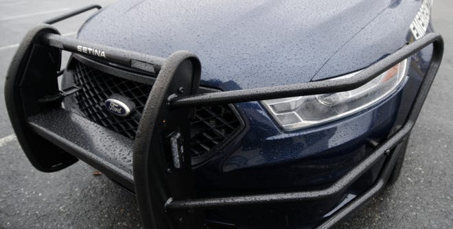 A substantial grill guard on the front of one of Pocono Township's Ford Police Interceptors on Friday, December 6, 2013. The steel guard is designed to shrug off damage from deer strikes.