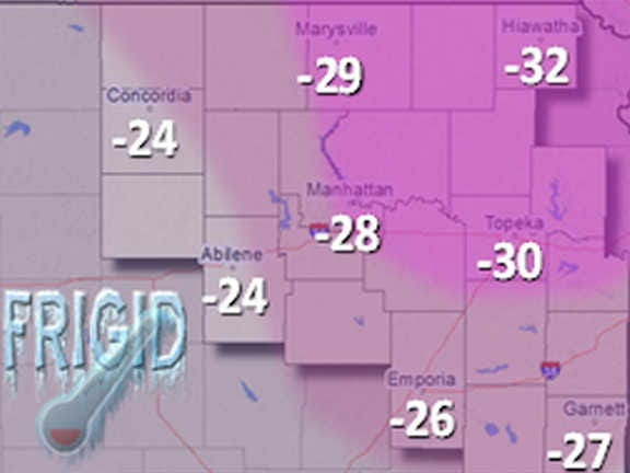A graphic from the Topeka National Weather Service shows the expected temperatures for the area on Monday morning.
