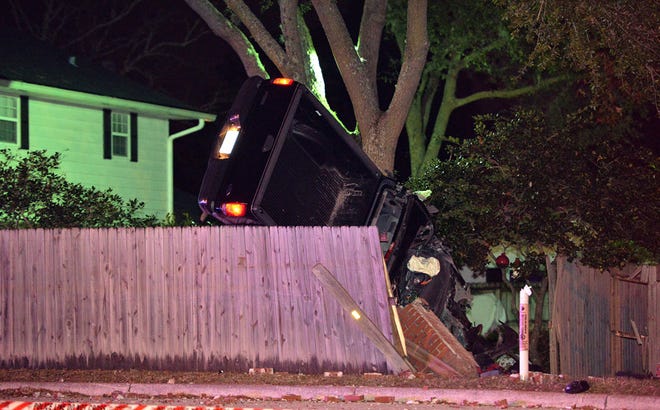 A pickup truck crashed through two fences on San Jose Blvd. between Villa San Jose and San Bernardo Drives on Monday.