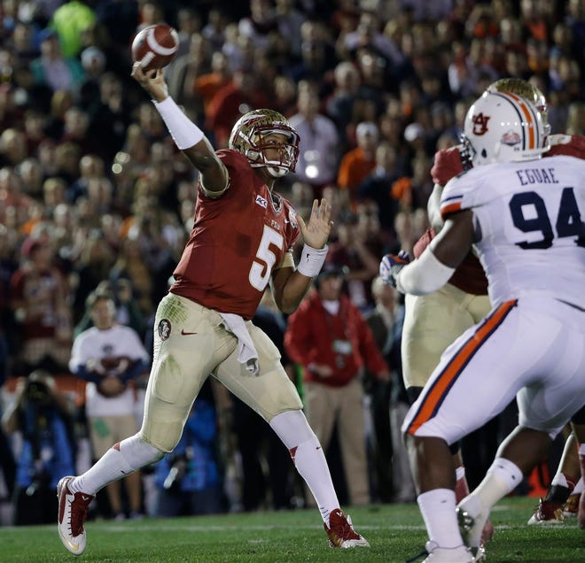 Florida State's Jameis Winston throws during the first half of the NCAA BCS National Championship college football game against Auburn Monday, Jan. 6, 2014, in Pasadena, Calif. (AP Photo/David J. Phillip)