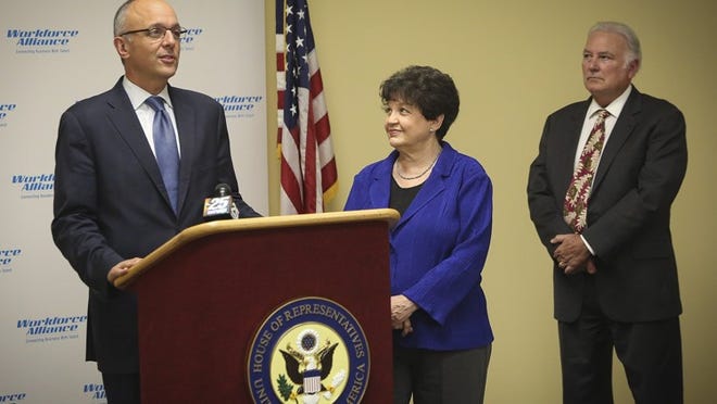 U.S. Representatives Ted Deutch (left) and Lois Frankel (center) called on Congress to extend federal unemployment insurance at a press conference at Workforce Alliance in West Palm Beach on Monday. Frankel and Deutch believe the issue should be at the top of the legislative agenda when Congress reconvenes. At right is Steve Craig, President/CEO of Workforce Alliance. (Bruce R. Bennett/The Palm Beach Post)