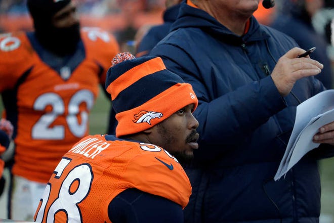 Denver Broncos outside linebacker Von Miller looks on against the Tennessee Titans during the first half of an NFL football game on Sunday, Dec. 8, 2013, in Denver. (AP Photo/Jack Dempsey)