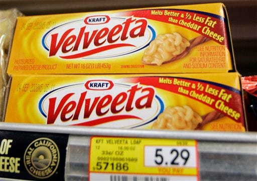 In this Monday, July 28, 2008, file photo, Kraft Foods' Velveeta cheese is displayed at J. J. & F. Market in Palo Alto, Calif.. Kraft Foods says Tuesday, Jan. 7, 2014, some customers may not be able to find Velveeta products over the next few weeks but didn't give any reasons for the apparent shortage.