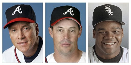 From left are Tom Glavine in 2008, Greg Maddux in 2008, and Frank Thomas in 1994 file photos. Glavine, Maddux and Thomas were selected to the Baseball Hall of Fame, Wednesday, Jan. 8, 2014. (AP Photo/File)