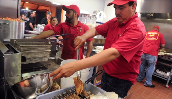 Adalberto’s manager Lalo Rodriguez prepares taco shells at the Mexican restaurant on Hammer Lane just east of Interstate 5 in Stockton. Adalberto’s is open again after a fire in March caused extensive damage.