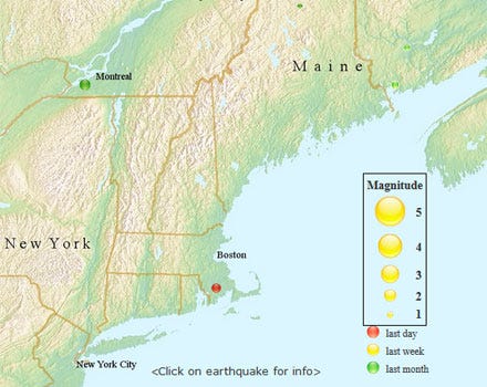 An image from Boston College's Weston Observatory shows the location of Thursday's earthquake in southeastern Massachusetts and other recent earthquakes in New England and Canada.