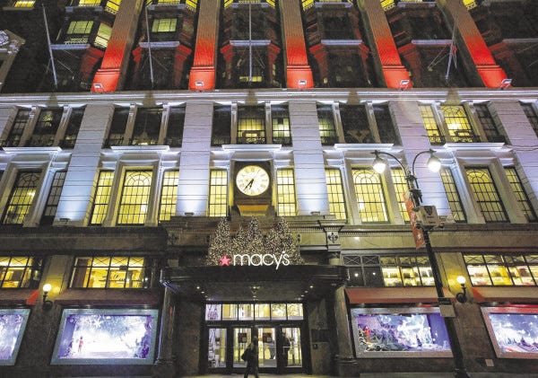 FILE - In this Tuesday, Dec. 17, 2013, file photo, Macy's department store in Herald Square is illuminated with holiday lighting, in New York. Macy's said Wednesday, Jan. 8, 2014, it is laying off 2,500 workers as it restructures business. (AP Photo/Mark Lennihan, File) ORG XMIT: NYBZ130
FILE - In this Tuesday, Dec. 17, 2013, file photo, Macy's department store in Herald Square is illuminated with holiday lighting, in New York. Macy's said Wednesday, Jan. 8, 2014, it is laying off 2,500 workers as it restructures business. (AP Photo/Mark Lennihan, File) ORG XMIT: NYBZ130