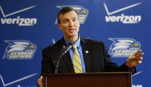 In this image released by Georgia Southern University, Willie Fritz speaks after being introduced as the new head NCAA college football coach of Georgia Southern University, Friday, Jan. 10, 2014, in Statesboro, Ga.