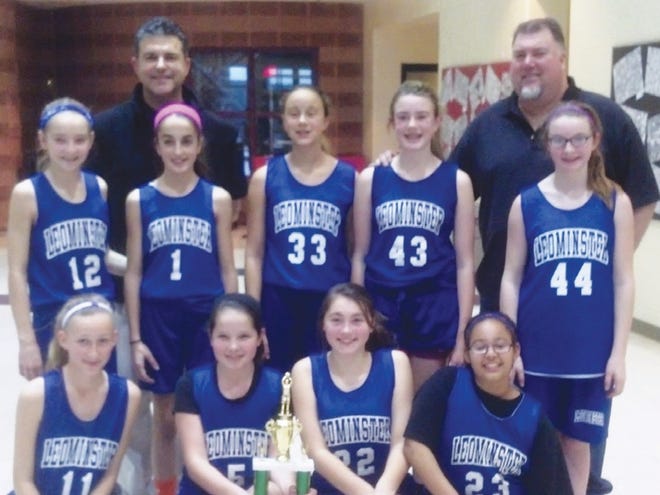 Leominster’s 6th grade girls received the first place trophy at the Oakmont Spartan Winter Classic Christmas Tournament, defeating all four teams. Pictured (kneeling) is Caleigh Millett, Alyssa Wironen, Mia Losey, and Caiya Curley-White; (standing) is Grace Adams, Skylar Finnegan, Haley Mondville,Tori Foster, and Destina Viva Amore with Head Coach: Bob Finnegan and Assistant Coach Ron Foster. (Missing from photographi is Olivia Gallo)
