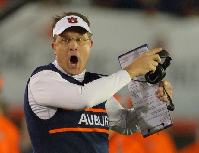 Auburn head coach Gus Malzahn reacts to a call during the first half of the NCAA BCS National Championship college football game against Florida State Monday, Jan. 6, 2014, in Pasadena, Calif. (AP Photo/Mark J. Terrill)