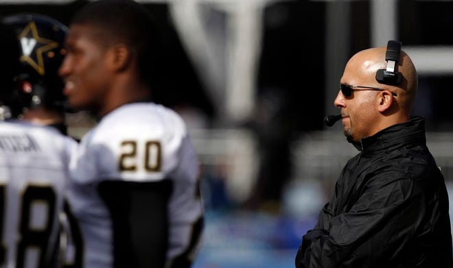 Vanderbilt coach James Franklin during a timeout in the first half of the BBVA Compass Bowl NCAA college football game Jan. 4 in Birmingham, Ala. Franklin was been named head coach at Penn State on Saturday morning.