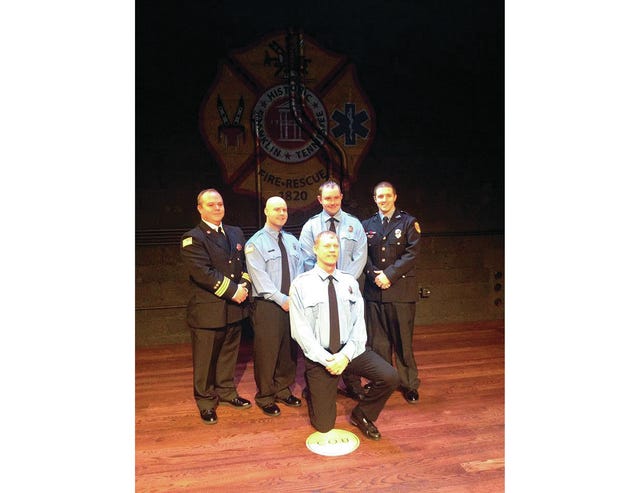 The Maury County Fire Department recently announced four new firefighter graduates. In the front row kneeling is Robert Pitts and standing from left to right is MCFD Lt. Joey Norman, graduates Joey Ridings and Nicholas Riley and District 1 Chief Richard Schatz. (Courtesy photo)