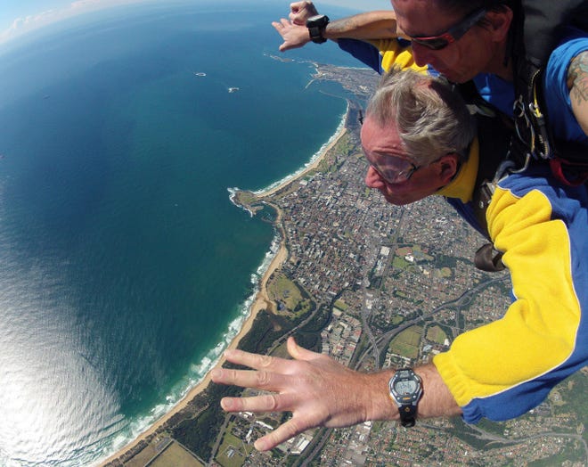 Mark Patinkin skydives from 14,000 feet at the Wollongong drop zone two hours from Sydney, Australia. Patinkin, who's turning 61, is taking time to at least reconsider letting his kids drag him into their adventures.