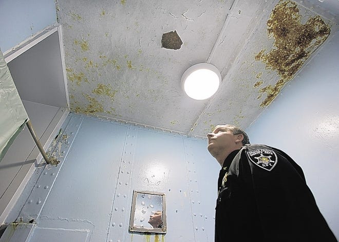 The ceiling of an inmates' dormitory shower in the Sullivan County Jail in Monticello was in dire need of repair in a 2010 photo. A Midwest firm will present a proposal for a new jail to legislators next week.