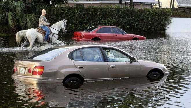 Atina Greshamer rides her horse Aspen through water among abandoned cars on Meadows Boulevard in Boynton Beach Friday morning. (Lannis Waters/The Palm Beach Post)