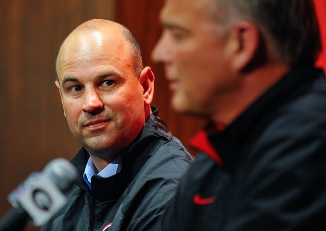 Georgia defensive coordinator Jeremy Pruitt, left, and Georgia head coach Mark Richt speak to members of the media to announce Pruitt's hiring during a press conference at Butts-Mehre Heritage Hall in Athens, Ga., Wednesday, Jan. 15, 2104.