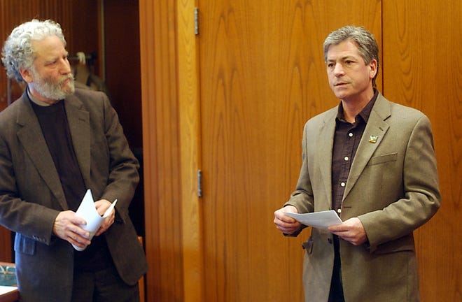 Project opponents Jeremy Alderson and Joseph Campbell talk about safety concerns regarding the proposed LPG and natural gas storage projects near Watkins Glen during a press conference Wednesday.