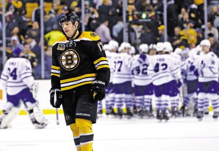 Boston Bruins left wing Milan Lucic (17) skates off as the Toronto Maple Leafs gather to celebrate their 4-3 victory in an NHL hockey game in Boston, Tuesday, Jan. 14, 2014. (AP Photo/Elise Amendola)