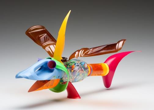 Works made of recycled plastics and other materials form the exhibit “The Plasticquarium: Ten Years and Counting” are now on display at the Gaston County Museum in Dallas.