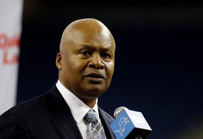 New Detroit Lions head coach Jim Caldwell addresses the media at Ford Field in Detroit, Wednesday, Jan. 15. (AP Photo/Carlos Osorio)