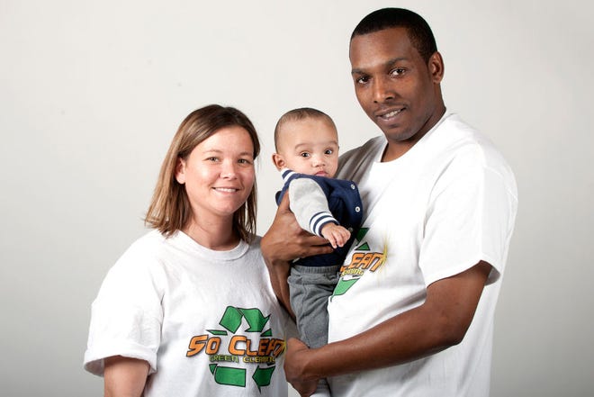 Matthew French, owner of So Clean Green Cleaning, poses for a portrait with his fiancée, Jessica Hulen, and their son, Matthew French Jr., on Tuesday