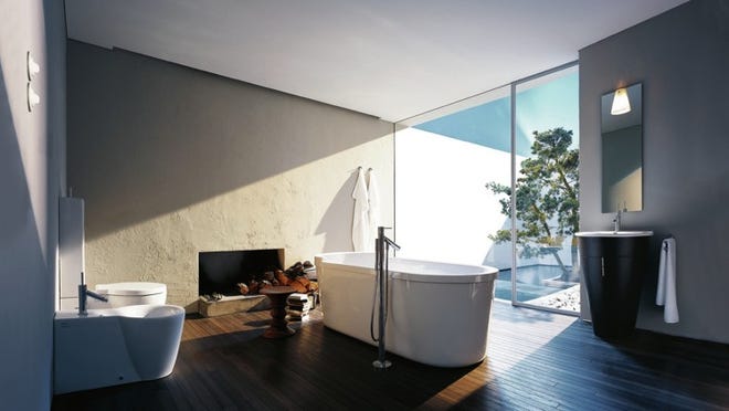 Cool but far from tepid, a contemporary bath is furnished with sculptured fixtures by designer Philippe Starck. Photo Courtesy Duravit.