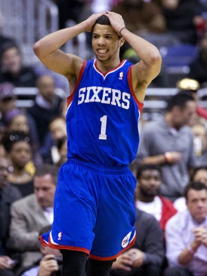 Sixers guard Michael Carter-Williams reacts after turning the ball over during the second half of Monday afternoon's 107-99 loss to the Wizards at the Verizon Center. Carter-Williams scored a game-high 31 points on 13-for-22 shooting.