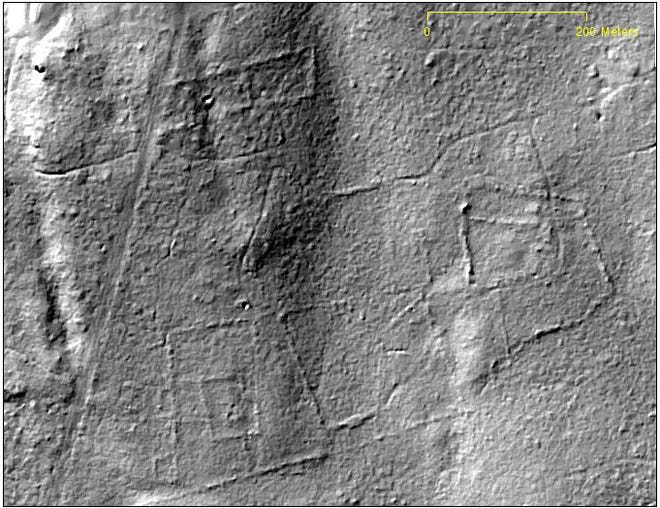 A LiDAR image of Weetamoo Woods in Tiverton shows stone walls, foundations and the like.