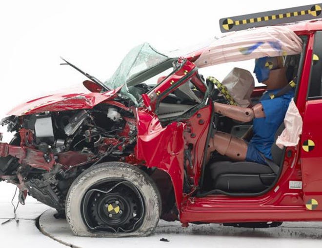 Damage to a Honda Fit is shown after a crash test. The Insurance Institute for Highway Safety says the Fit and the Fiat 500 got the lowest marks in protecting drivers.