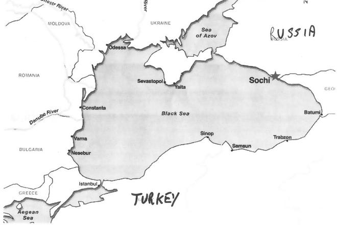 Sochi at the upper right on the Black Sea