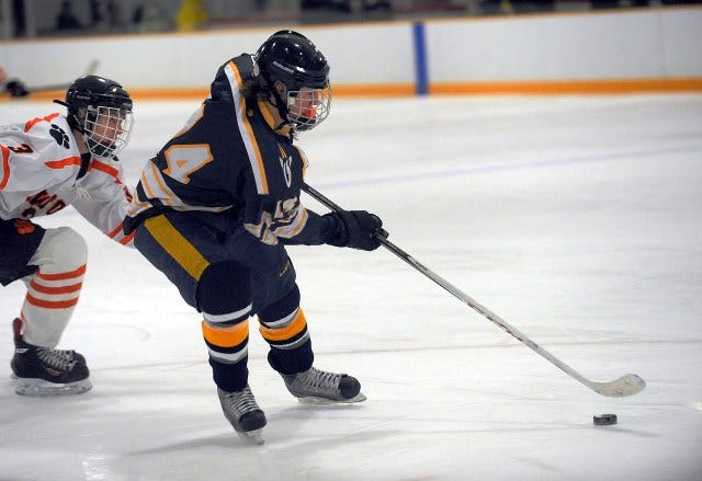 Needham's Daniel Jacobs skates with the puck during a game against Newton North, Saturday, Jan. 18, 2014.