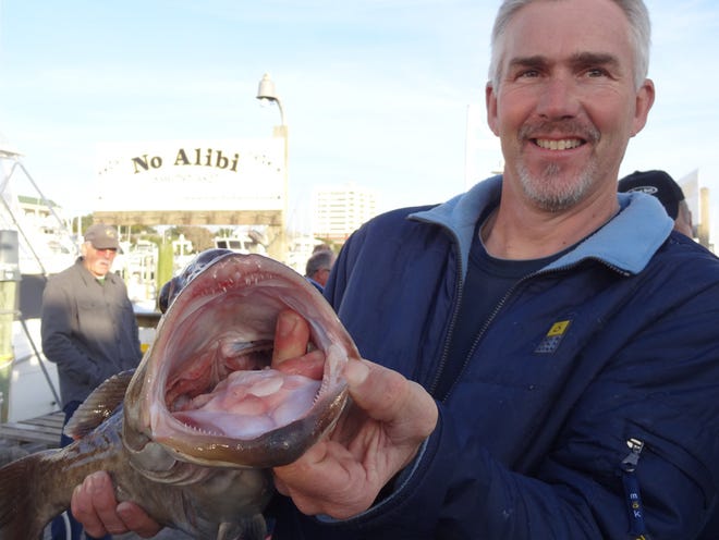 Ron Linker of Canada shows off a grouper he caught Thursday aboard the Destiny with Capt. Chris McConnell.