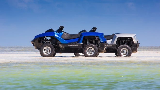 The Quadski is powered by a 175-hp BMW motorcycle engine that’s mated to a five-speed transmission with an automatic clutch. Courtesy of Gibbs Sports Amphibians